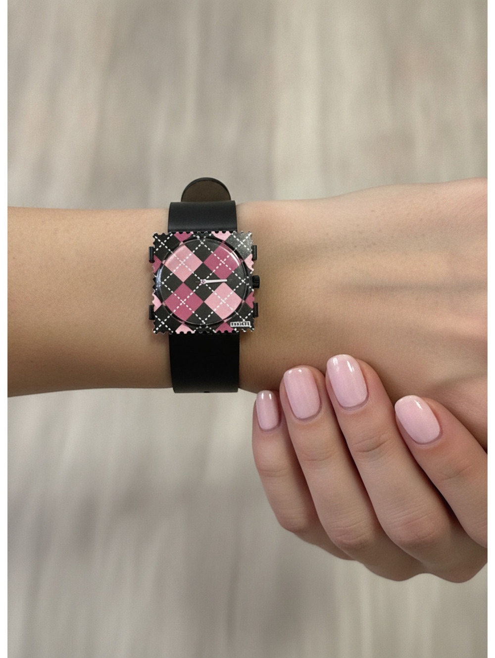 S.T.A.M.P.S. Modular Square Watch Pink Black Argyle Leather Strap New Battery